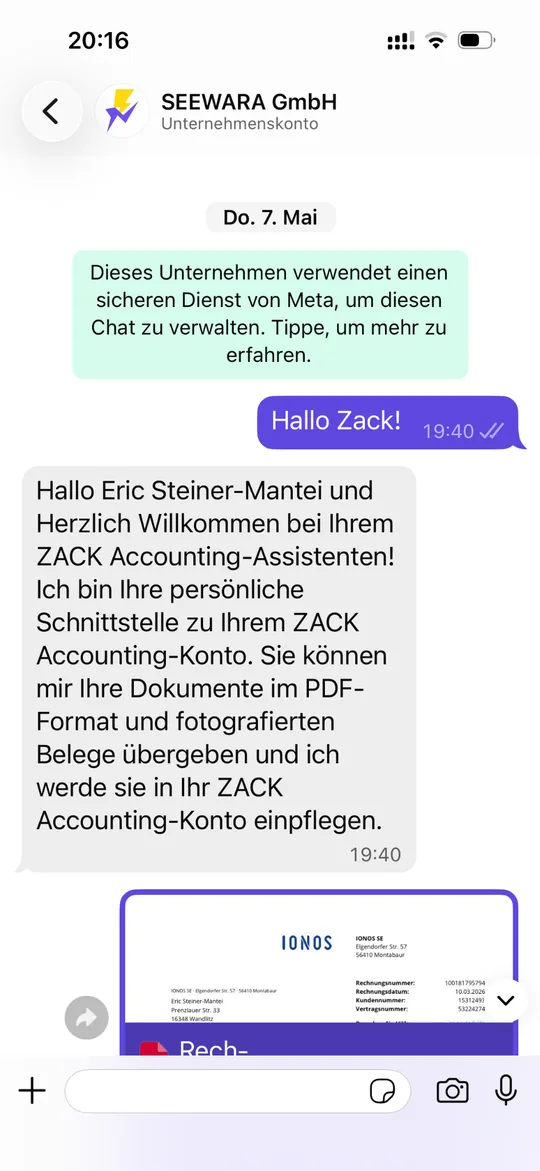 Whatsapp Chat mit ZACK Accounting Begrüßung und gesendetem Rechnungsbeleg