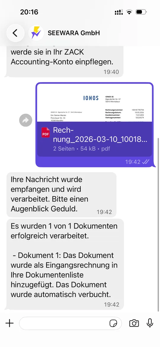 Whatsapp Chat mit erfolgreich verarbeitetem ZACK Accounting Beleg